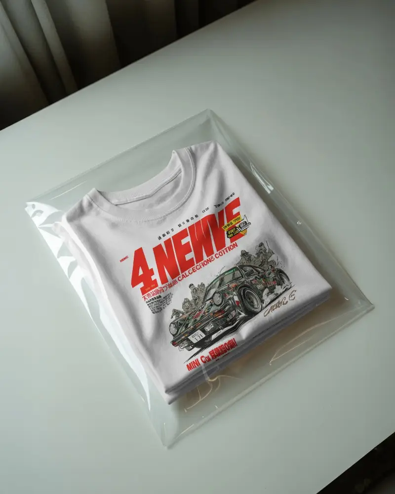 Folded T Shirt Mockup Packaged In Clear Plastic Bag On Clean White Table With Soft Window