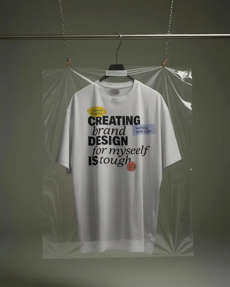 Hanging T Shirt Mockup Suspended On Hanger With Clear Plastic Backdrop And Moody Studio