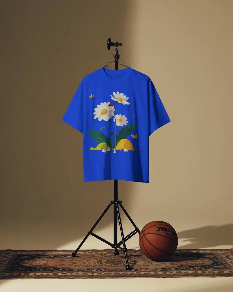 Freestanding T Shirt Mockup On Tripod Stand With Soft Shadow Play And Editorial Studio