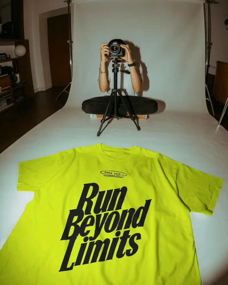 Behind The Scenes T Shirt Mockup Flatlay In Photo Studio With Creative Production