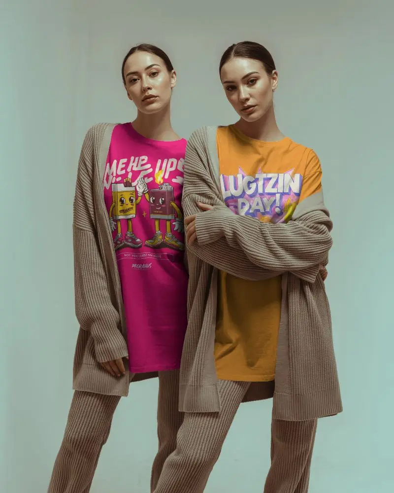 Double Model Womens T Shirt Mockup Paired Fashion Pose With Soft Editorial Light