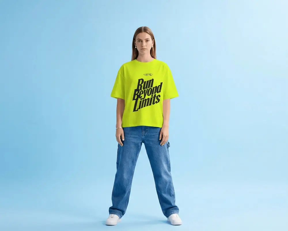 Full Body Womens T Shirt Mockup Model Standing Confidently Against Clean Blue Studio