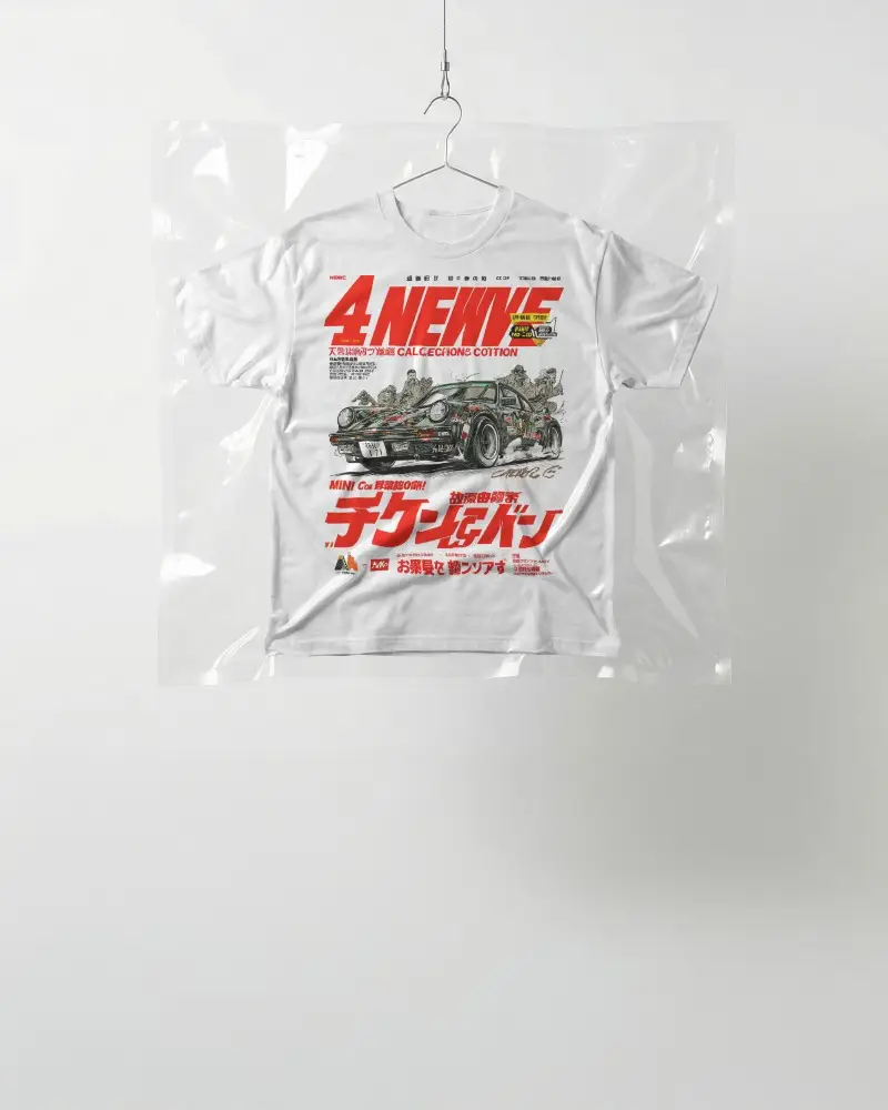 Hanging Packaged T Shirt Mockup Sealed In Clear Plastic Bag On White Studio Wall