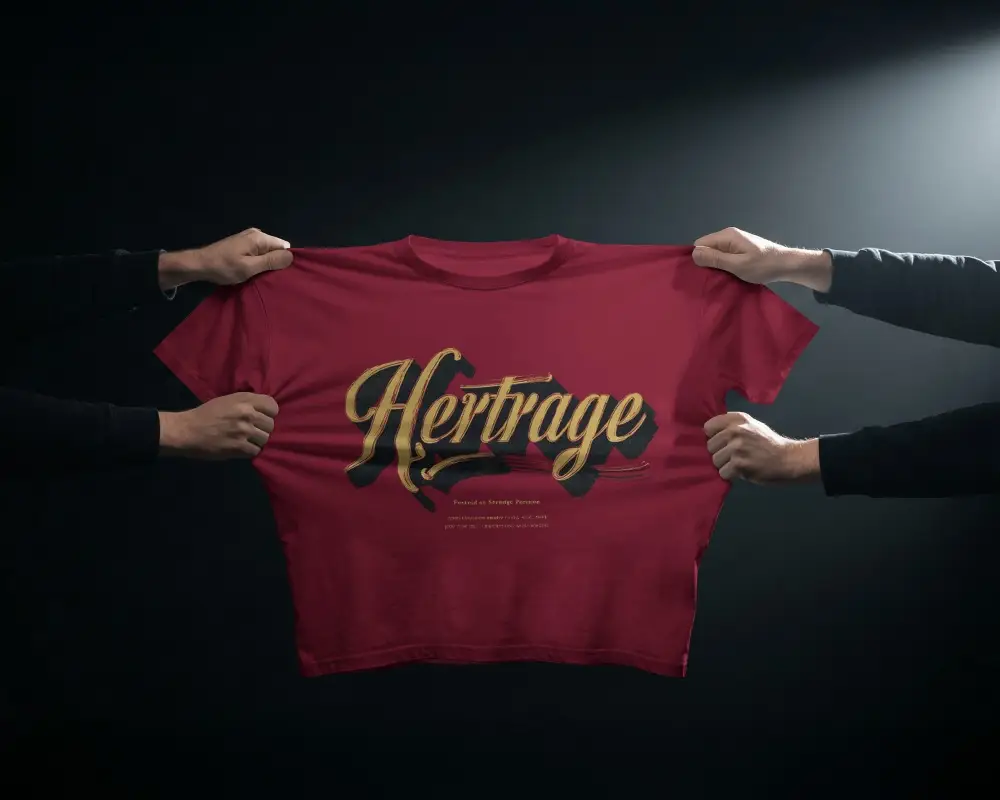 Hands Stretching T Shirt Mockup Fabric Pulled Wide In Dark Studio With Dramatic Spotlight