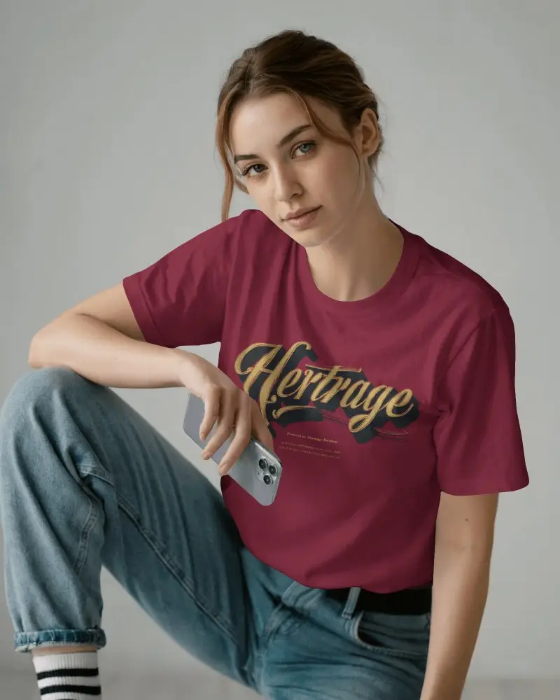 Casual Studio T Shirt Mockup Female Model Kneeling Pose Soft Natural Light