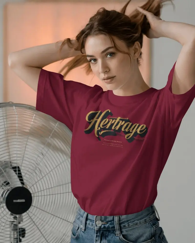 Lifestyle Studio T Shirt Mockup Female Model Tying Hair Soft Warm Indoor Light