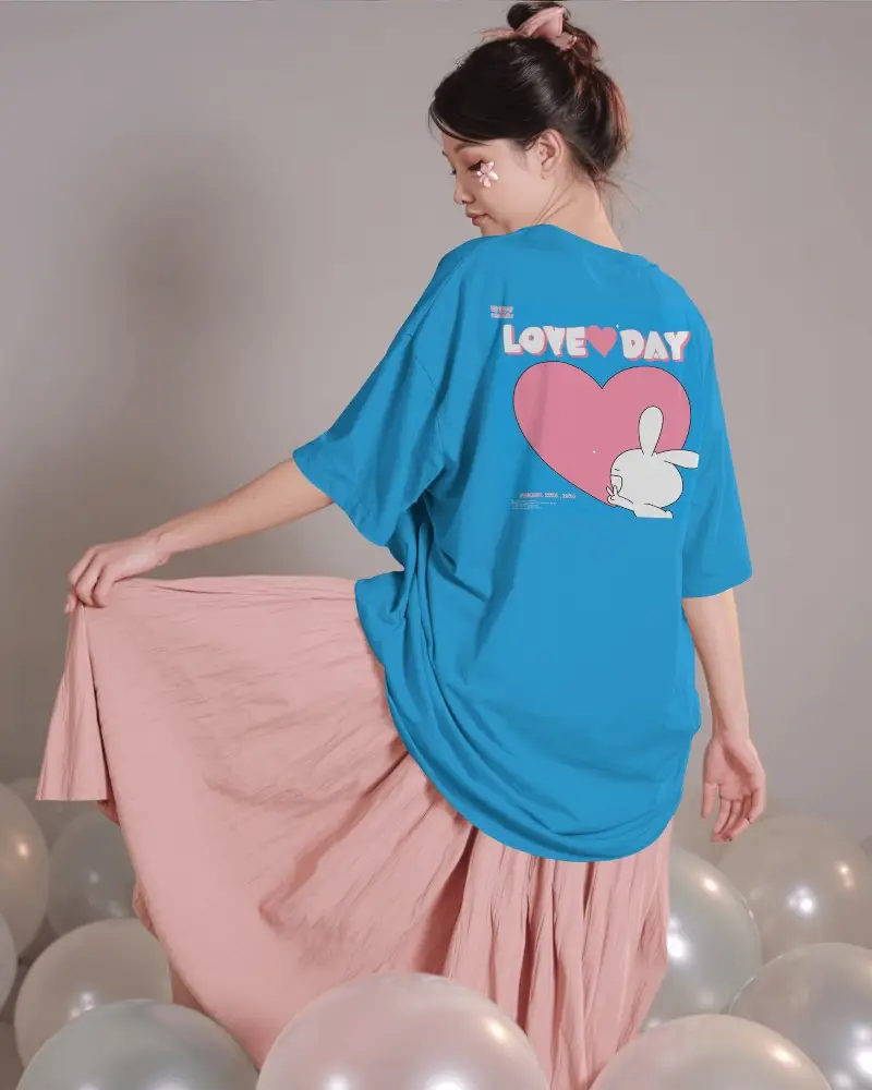 Back View Oversized T Shirt Mockup With Flowing Skirt And Soft Studio Setting