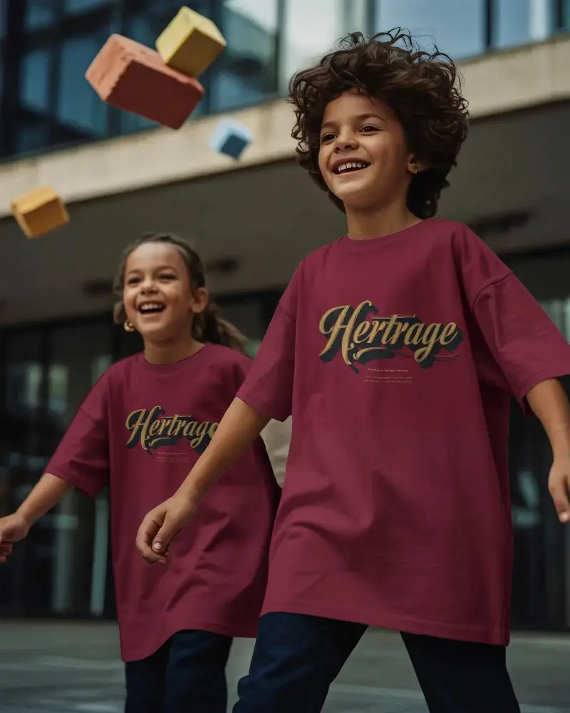Happy Kids Wearing Comfortable Loose Fit Tshirts Mockup Outdoor Modern Urban Setting