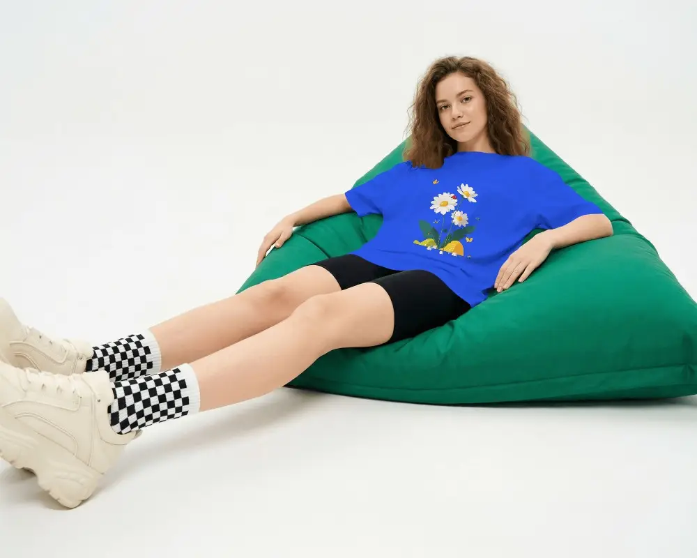 Relaxed Beanbag Oversized T Shirt Mockup With Full Body Lifestyle Composition