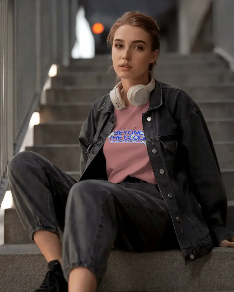 Modern Street Style Womens Tshirt Mockup Wearable Outdoor Relaxed Posing On Steps