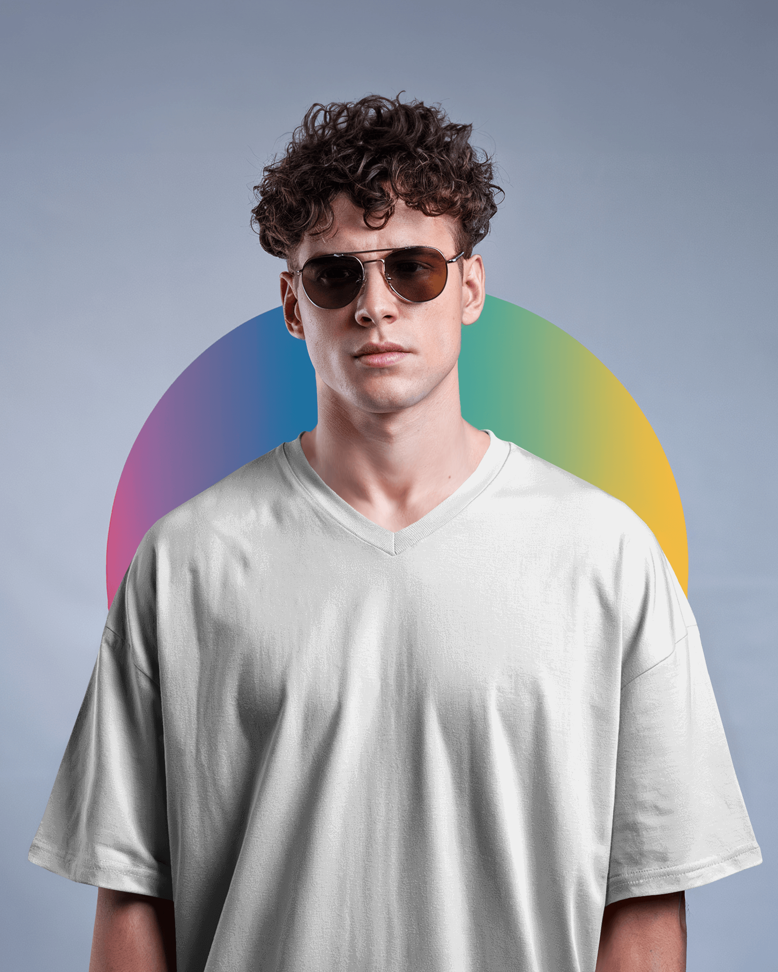 Vibrant Teenage Boy T Shirt Mockup With Vibrant Rainbow Background Casual Street Style Look With Sunglasses