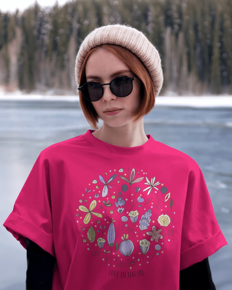 Trendy Outdoor T Shirt Mockup Female Model In Oversized Tee With Winter Styling 0604