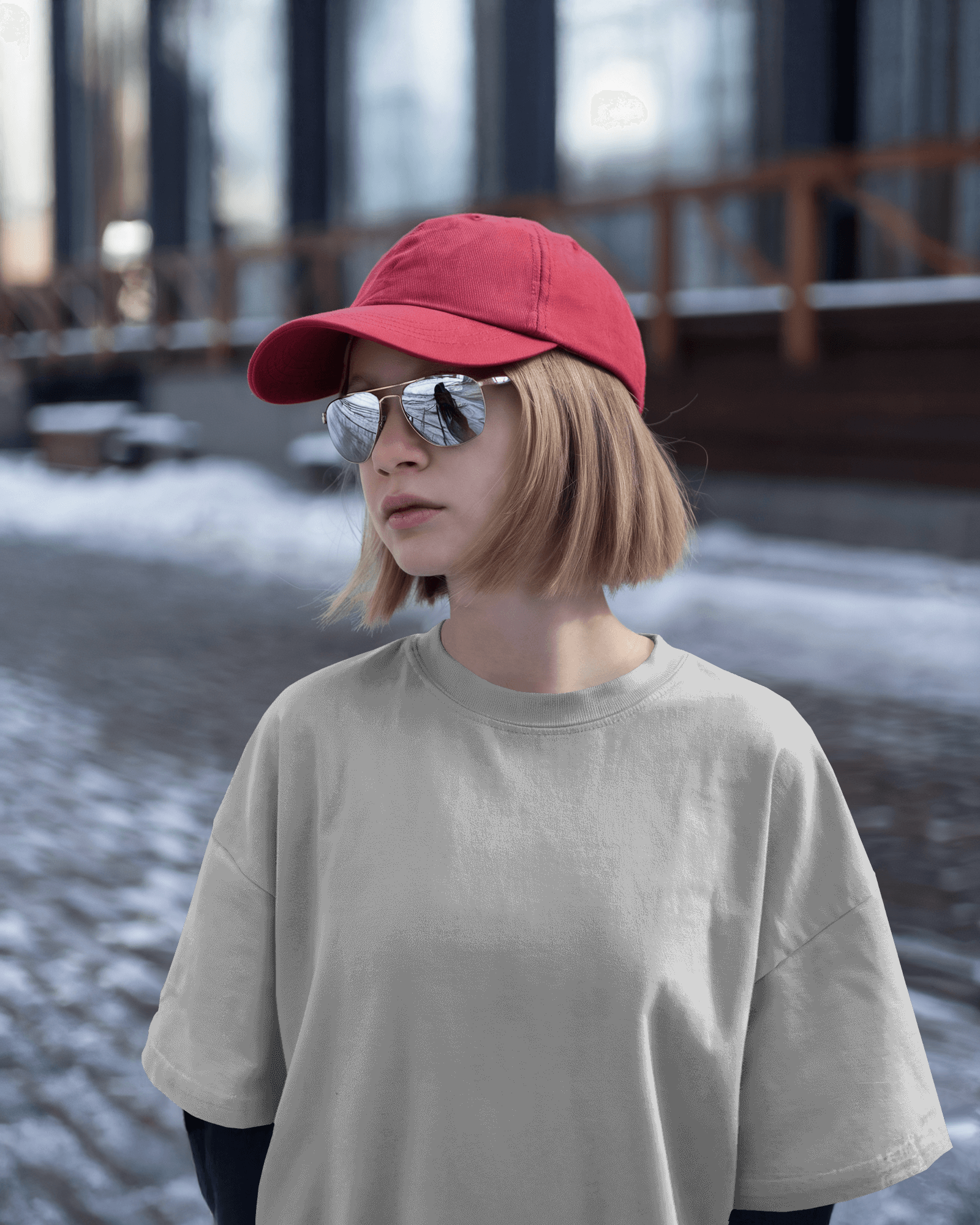 Contemporary Outdoor T Shirt Mockup Stylish Relaxed Fit With Winter Urban Aesthetic 0613