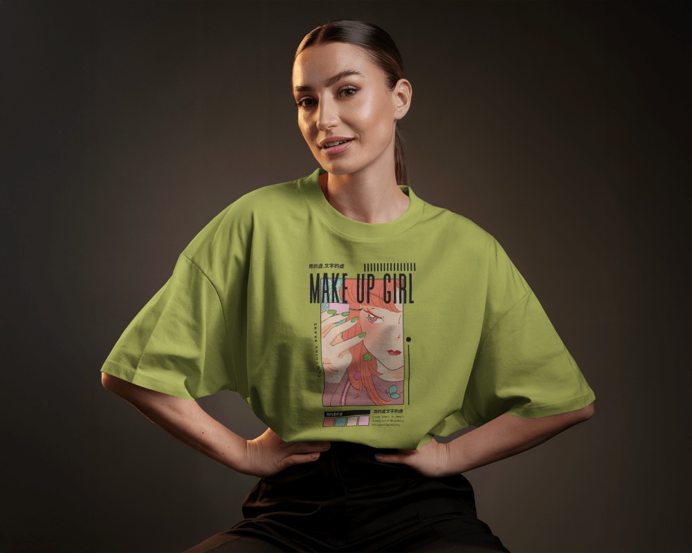 Studio Portrait T Shirt Mockup Female Model In Oversized Fit Hands On Hips Moody Lighting Modern And Confident Look 0635