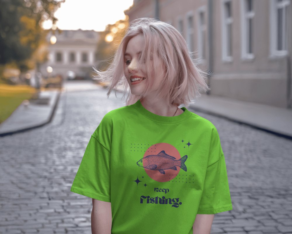 Playful Street Style T Shirt Mockup Smiling Female Model Windswept Pink Hair Golden Hour Lighting Carefree And Trendy Vibe 0656