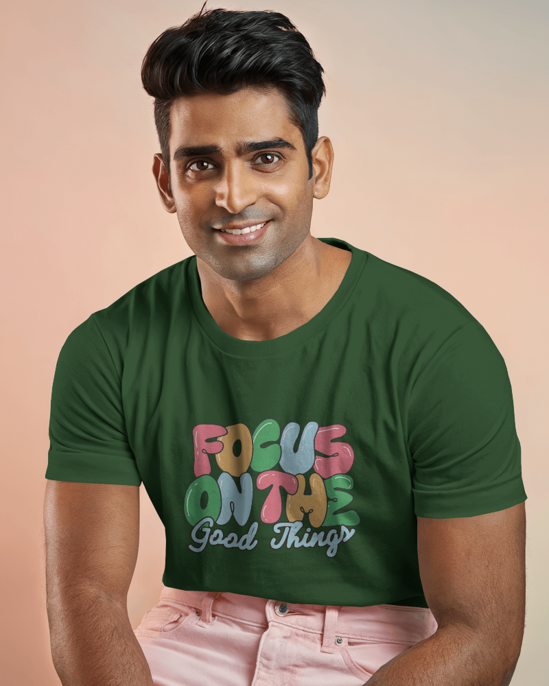 Smiling Male Model T Shirt Mockup Soft Peach Background Relaxed And Approachable Brand Presentation 0660