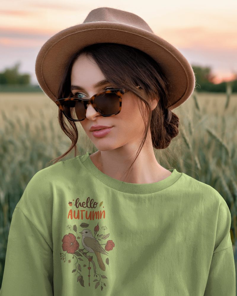 Boho Chic T Shirt Mockup Female Model With Hat And Sunglasses Rustic Field Sunset Warm Earthy Aesthetic 0678