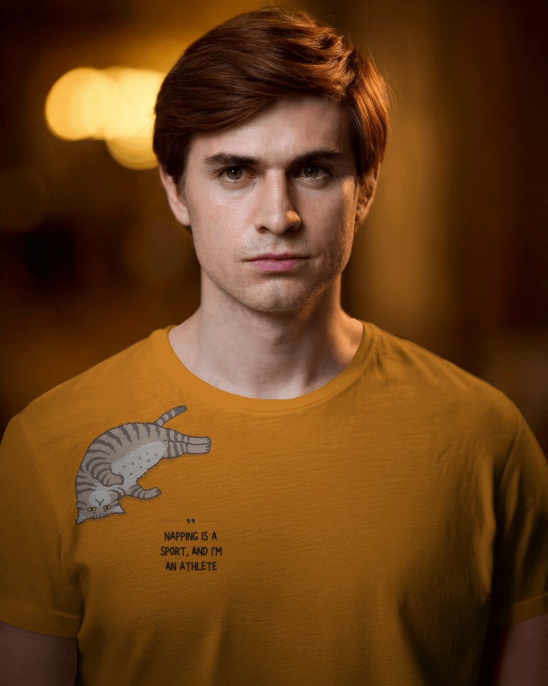 Moody Male Model T Shirt Mockup Warm Bokeh Background Soft Lighting Minimalist Aesthetic 0684