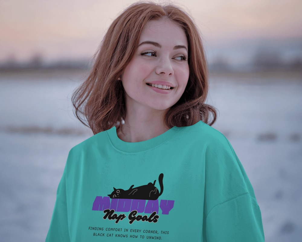 Sunset Winter T Shirt Mockup Female Model Smiling In Soft Cold Breeze Cozy And Serene Outdoor Atmosphere 0700
