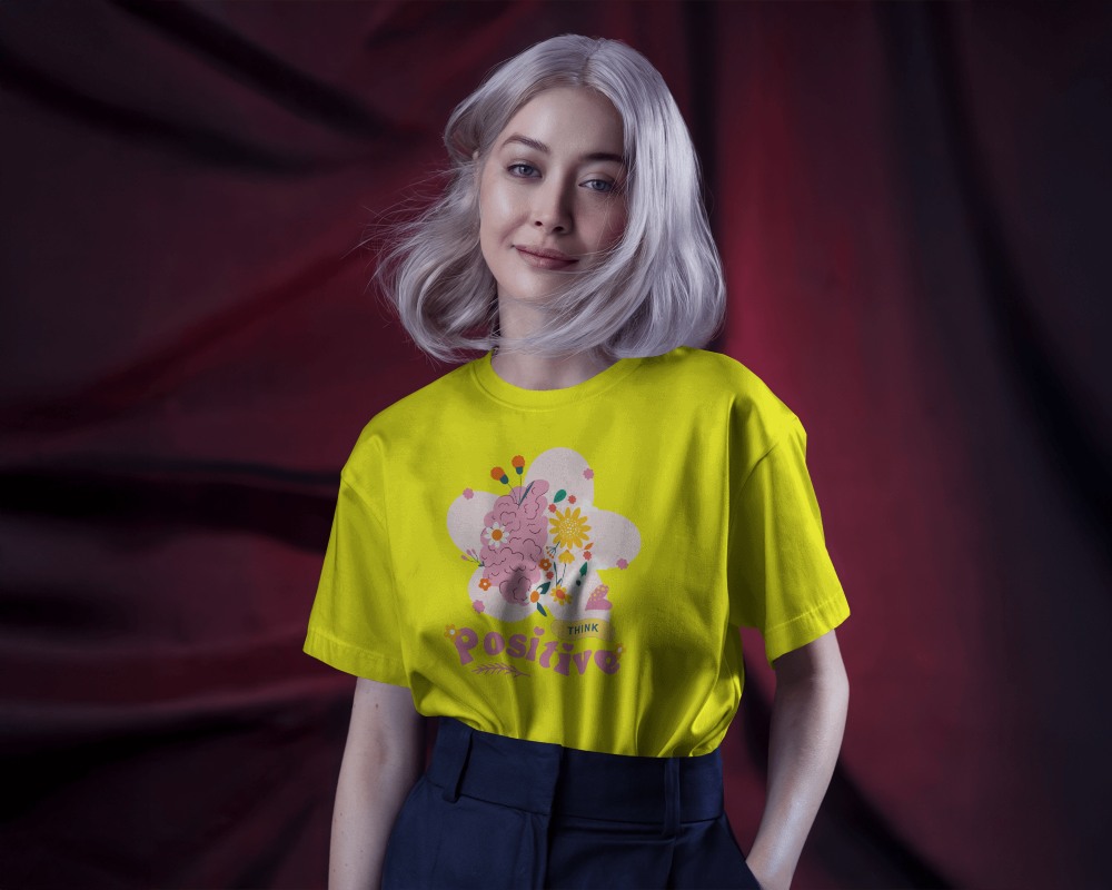 Dramatic Portrait T Shirt Mockup Female Model With Silver Hair Moody Red And Black Draped Background Elegant And Bold Aesthetic 0702