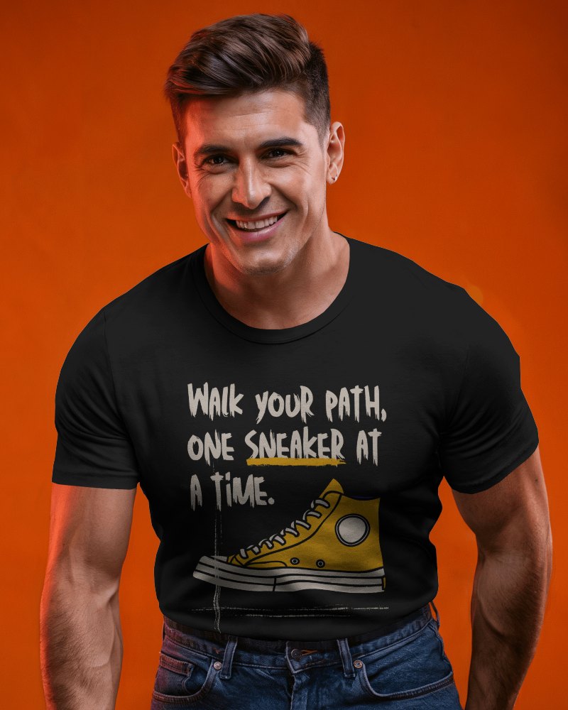 Bold Studio T Shirt Mockup Male Model Smiling In Strong Orange Background Confident And Energetic Look 0704