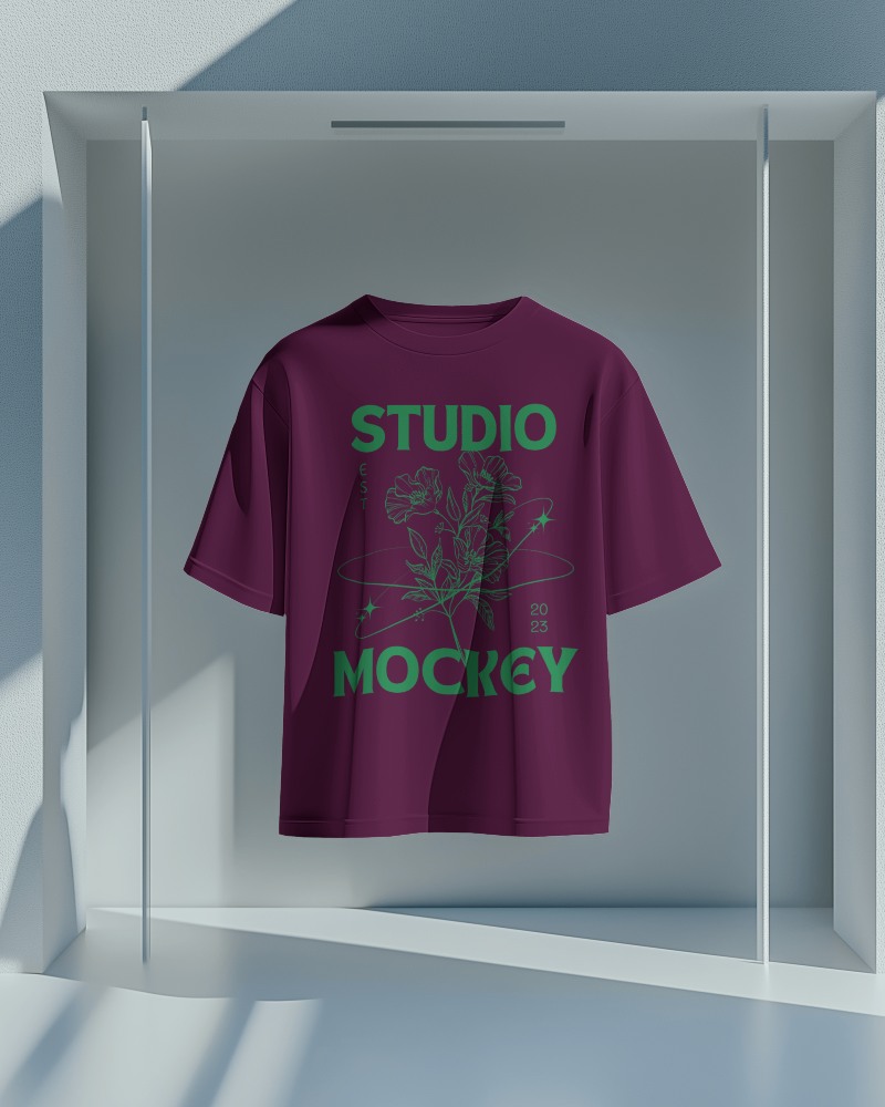 Modern Display T Shirt Mockup Suspended In Architectural Lightbox Minimalist Blue Tones Elegant And Premium Presentation 0707
