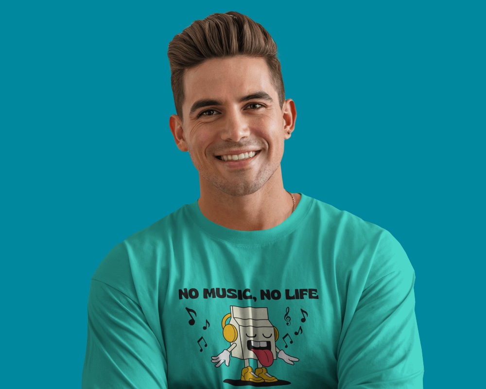 Warm Studio T Shirt Mockup Male Model Smiling Against Soft Beige Draped Background Cozy And Inviting Ambience 0712