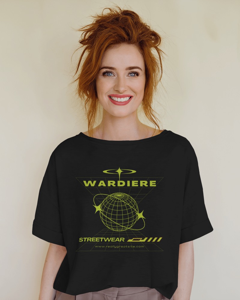 Bright Studio T Shirt Mockup Female Model Smiling Against Soft Cream Background Relaxed And Cheerful Vibe 0714