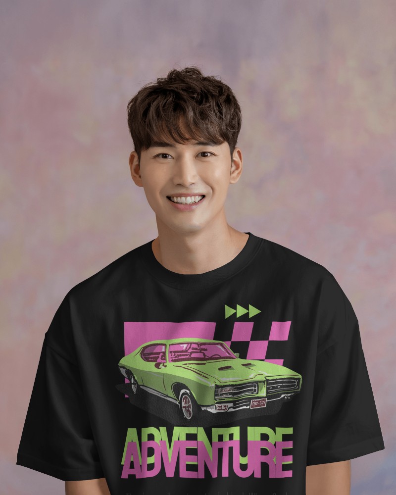 Pastel Studio T Shirt Mockup Male Model Smiling Against Soft Pink And Purple Background Friendly And Modern Look 0716