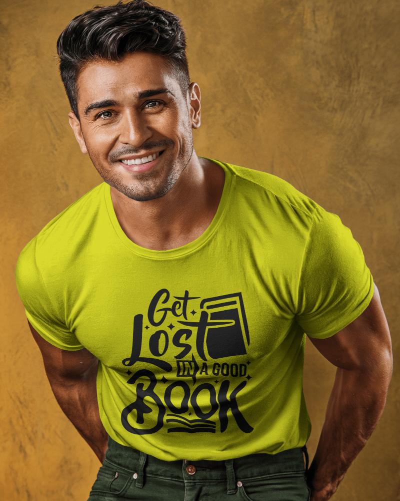 Confident Forward Leaning T Shirt Mockup Smiling Male Model With Warm Golden Backdrop 0722