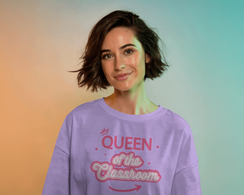 Dual Toned Gradient T Shirt Mockup Female Model With Soft Expression Warm And Cool Blended Lighting 0724