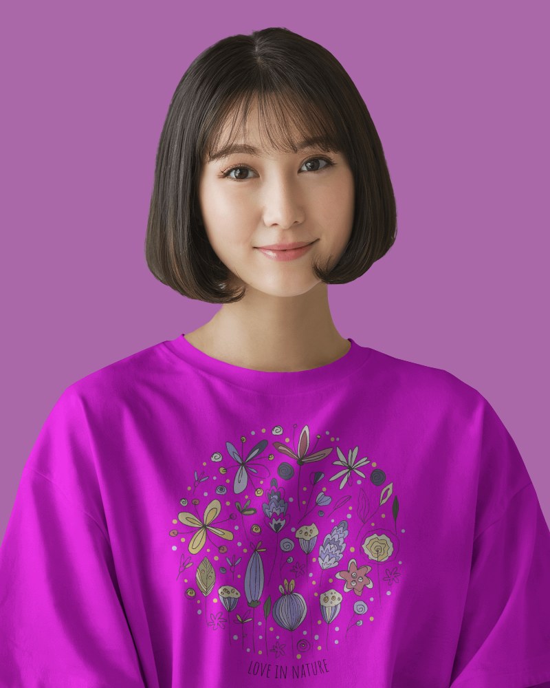 Gentle And Minimal T Shirt Mockup Female Model With Short Bob Soft Smile And Muted Backdrop 0726