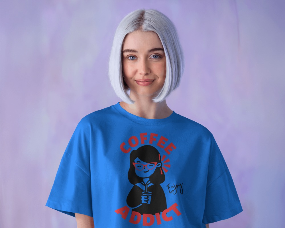 White T Shirt Mockup Female Model With Silver Bob Soft Smile Cool Toned Aesthetic 0730