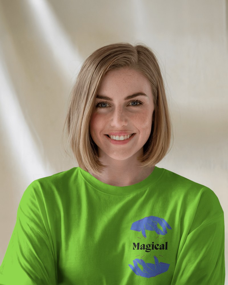 Natural Light T Shirt Mockup Female Model Smiling In Soft Sunlight Bright And Warm Minimalist Ambience 0738