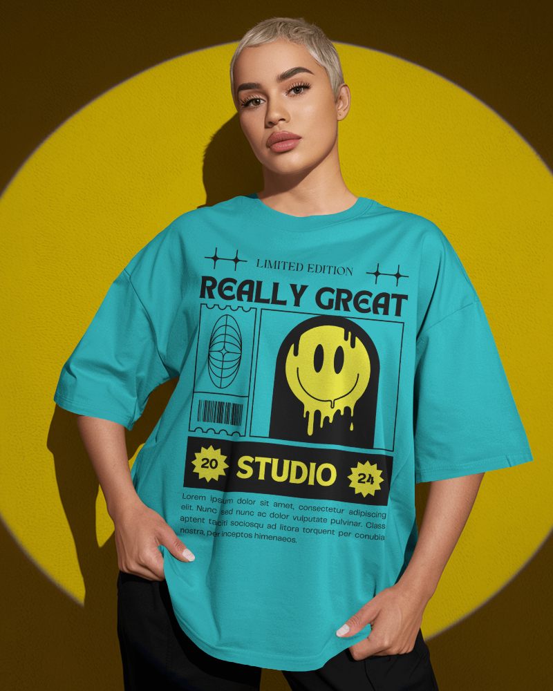 Bold Streetwear T Shirt Mockup Short Haired Female Model In Confident Pose Striking Yellow Backdrop High Fashion Urban Vibe 0744