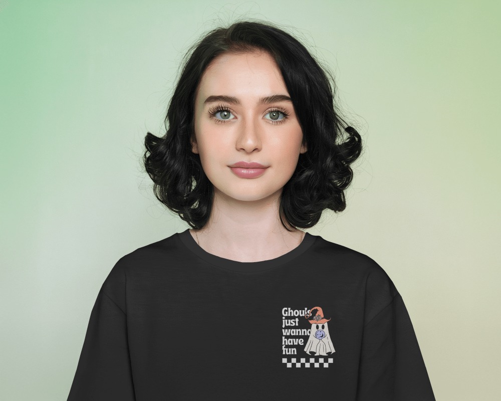 Studio Portrait T Shirt Mockup Female Model With Dark Curly Hair Soft Green Gradient Background Clean And Modern Look 0756