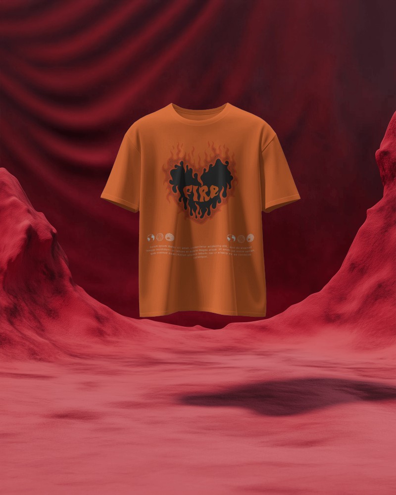 Floating T Shirt Mockup Dramatic Red Draped Background Surreal Desert Like Terrain Bold And Artistic Display 0761