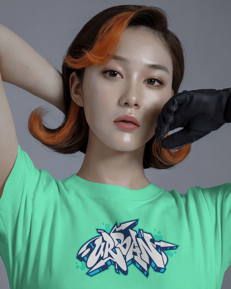 Fashion Forward T Shirt Mockup Female Model With Vintage Inspired Hair Orange Highlights And Black Glove Edgy And Stylish Look 0762