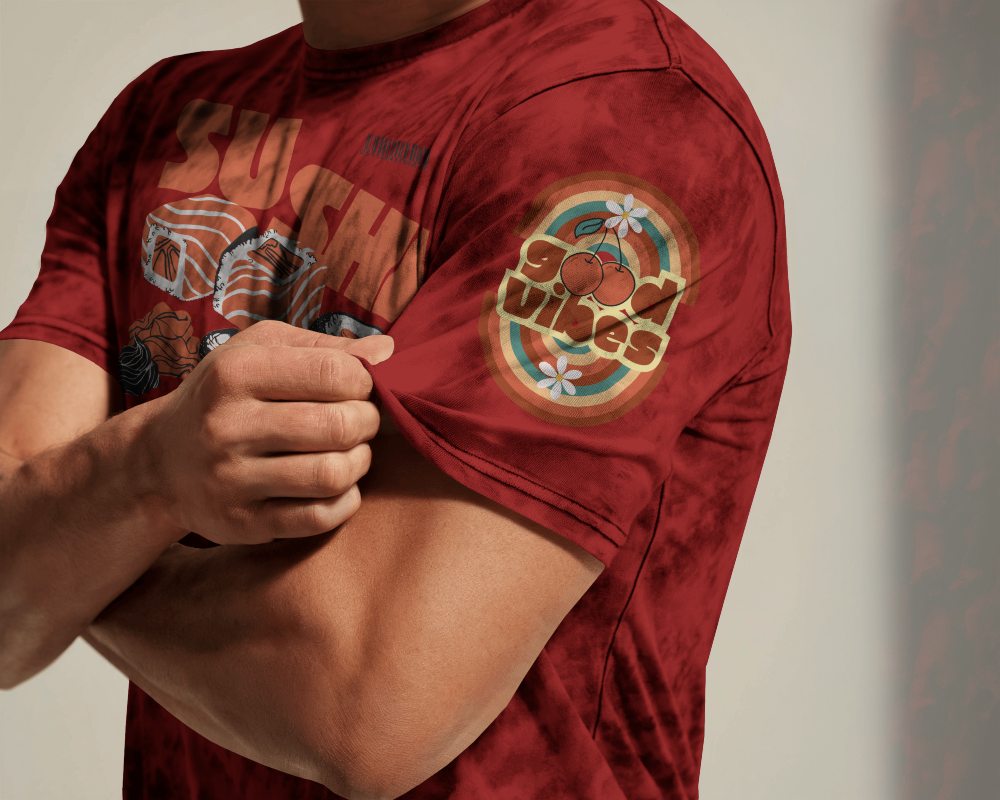 Acid Wash T Shirt Mockup Male Model Flexing Arm And Pulling Sleeve Textured Casual Athletic Look 0768