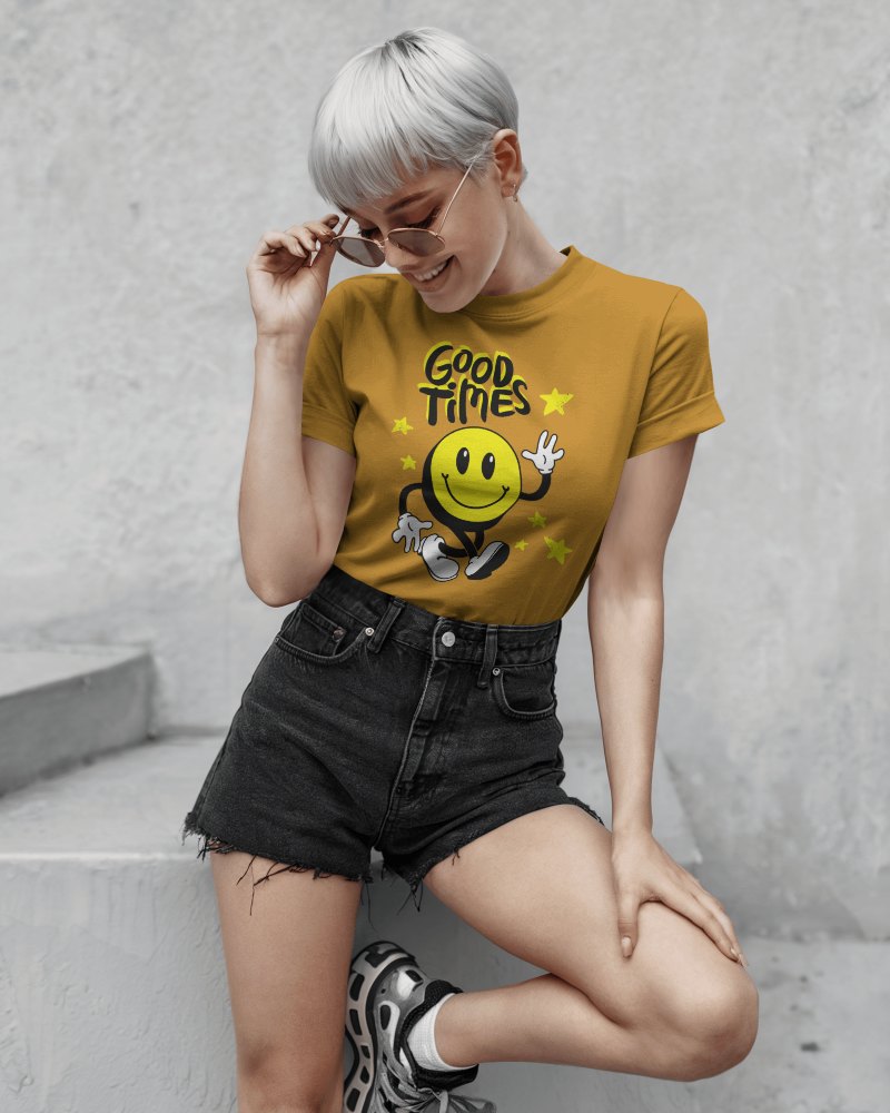 Urban Minimalist Blank Women Round Neck T Shirt Mockup Female Model With Platinum Pixie Cut Wearing Sunglasses Posing Against Textured Gray Wall Casual And Trendy Style 0776