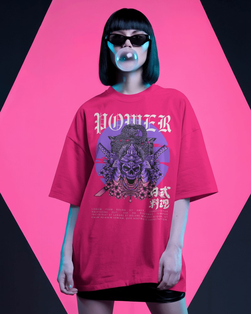 Futuristic Blank Women Oversized Round Neck T Shirt Mockup Model With Black Bob Blowing Bubblegum Neon Background 0778
