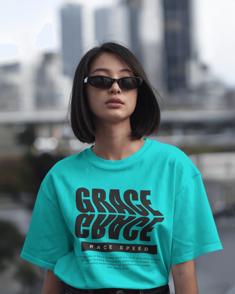 Urban Stylish Blank Asian Women Oversized Round Neck T Shirt Mockup Female Model With Black Bob And Sunglasses Cityscape Background 0780