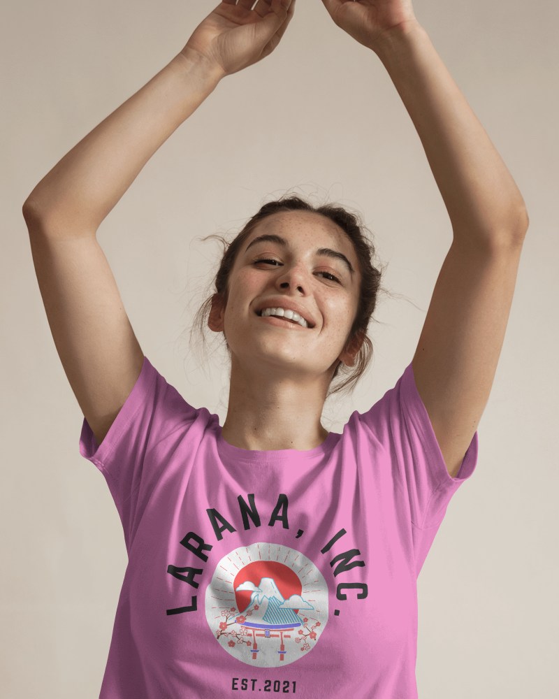 Minimalist Blank Women Round Neck T Shirt Mockup Happy Female Model With Curly Hair Smiling And Raising Arms Neutral Background 0782