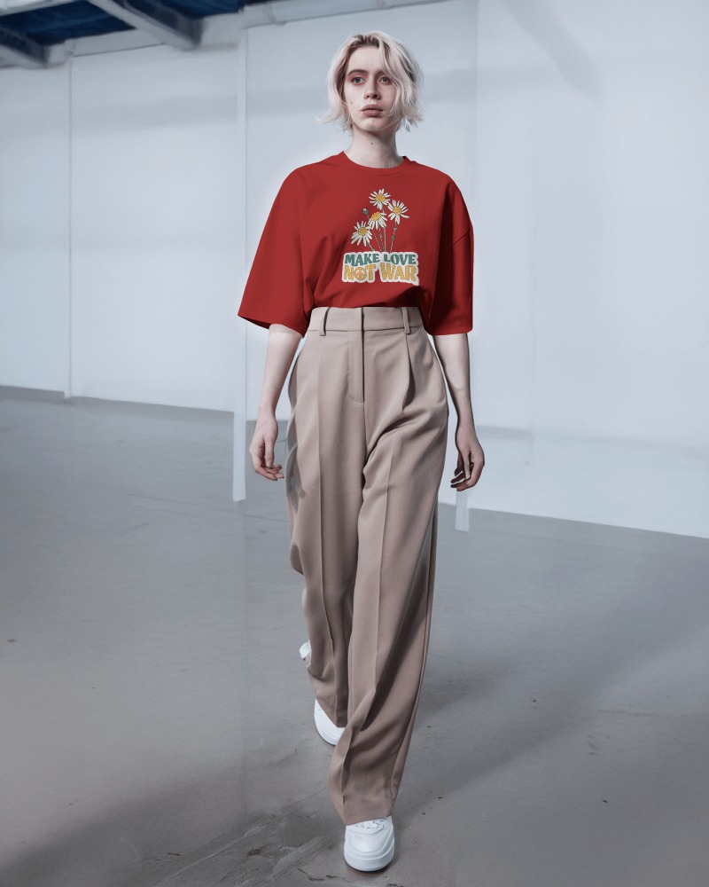 Full Body Oversized T Shirt Mockup Female Model Walking In Industrial Space Modern And Effortless Style 0794