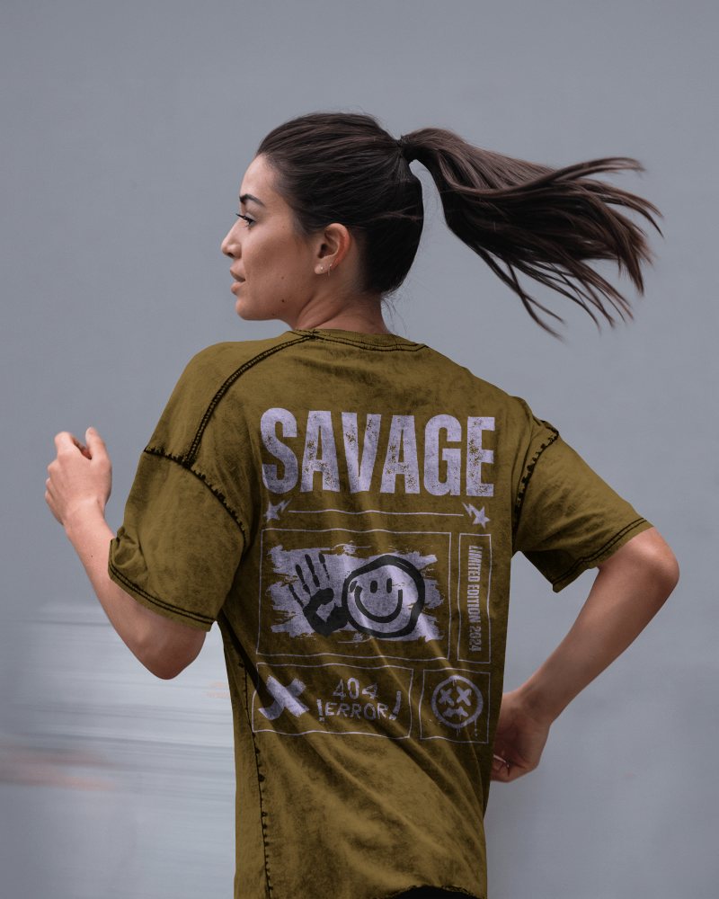 Running Action T Shirt Mockup Female Model In Motion Wearing Acid Wash White Tee With High Ponytail Dynamic And Sporty Feel 0797