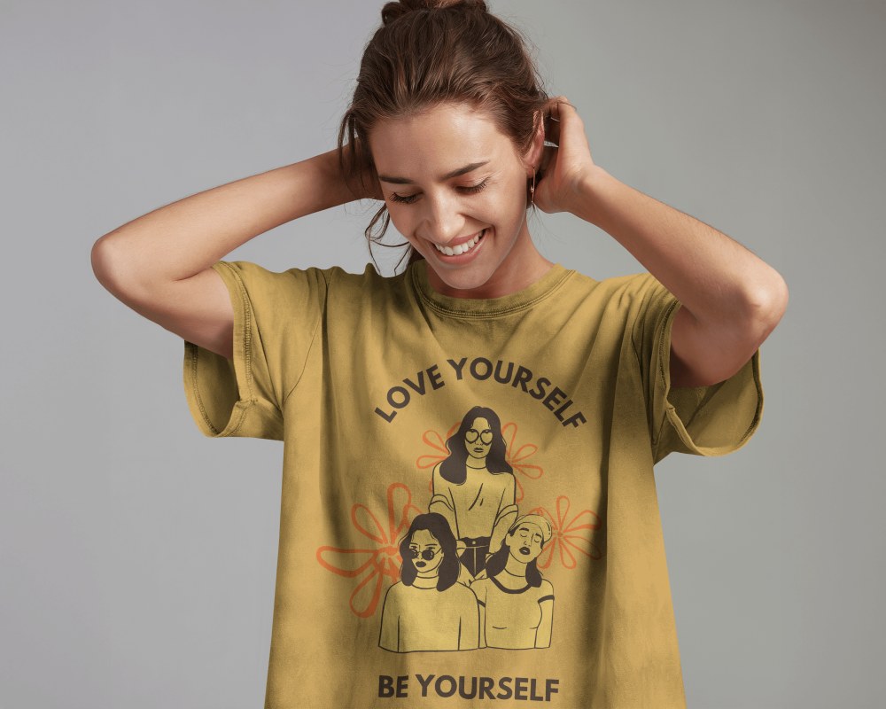 Acid Wash T Shirt Mockup Happy Female Model Smiling And Touching Hair Soft Lighting Casual And Relaxed Aesthetic 0799