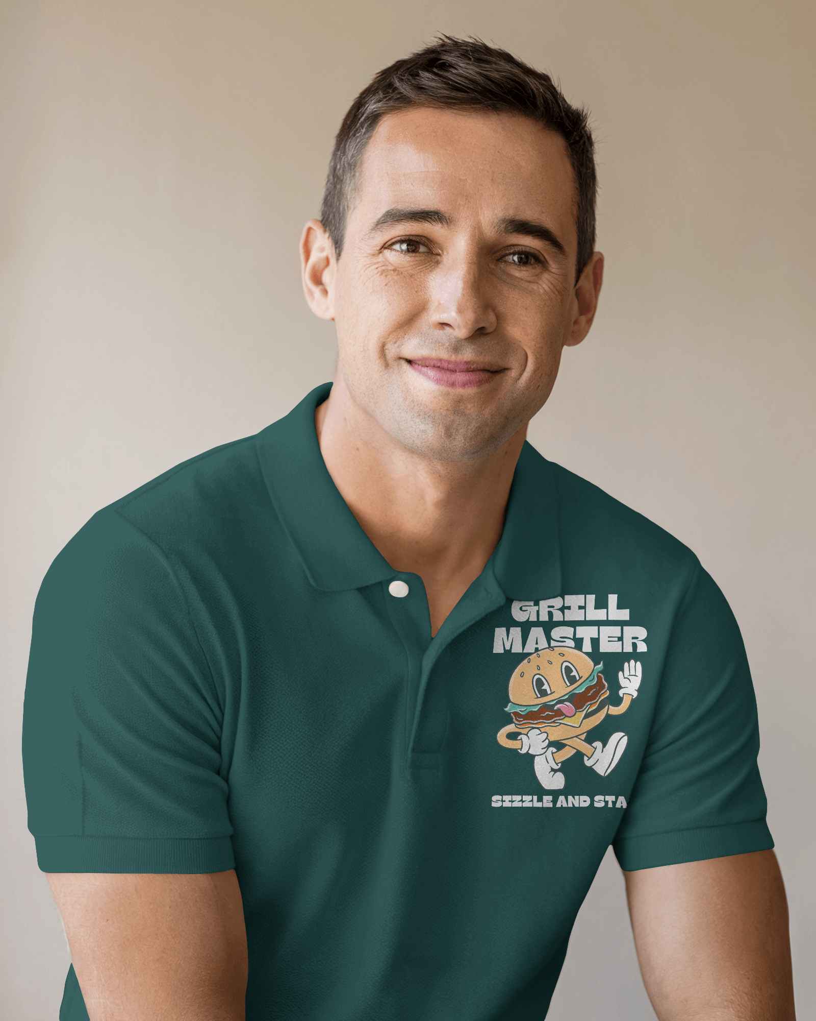 Modern Polo Shirt Mockup Smiling Male Model In Light Pink Polo With Coffee Themed Design Against Neutral Background Casual And Approachable Look