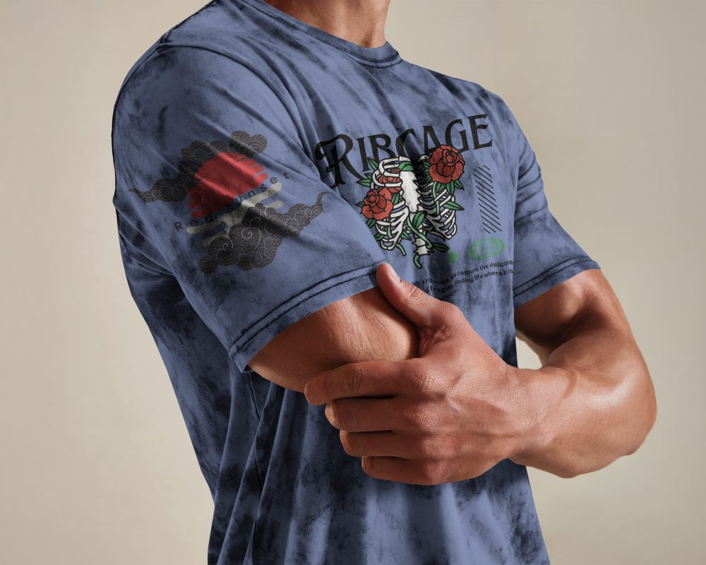 Acid Wash T Shirt Mockup Muscular Male Model Crossing Arms Bold And Modern Streetwear Style 0800