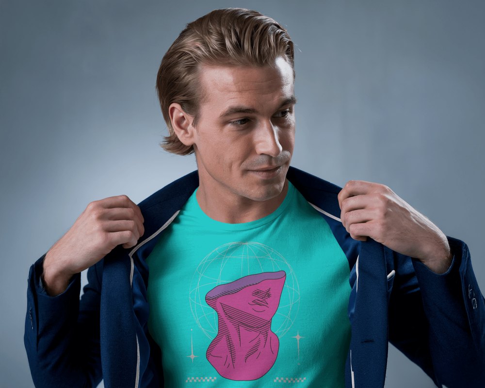 Smart Casual T Shirt Mockup Confident Male Model Revealing White Tee Under Navy Blazer Stylish And Sophisticated Look 0811