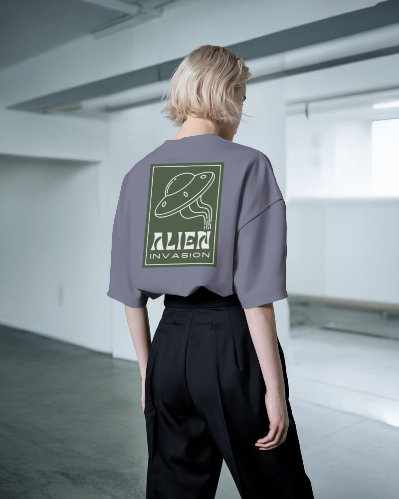 Urban Gray Tshirt Mockup Alien Invasion Graphic Female Model Back View
